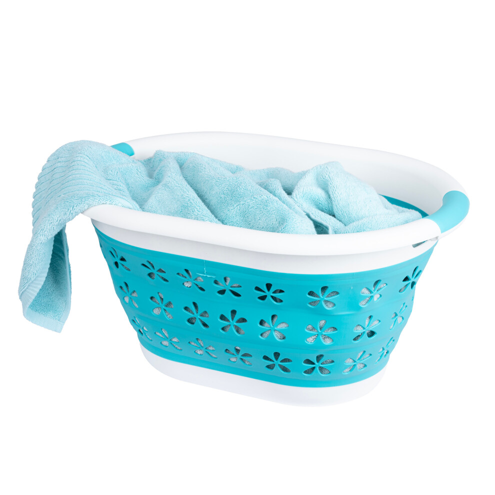 Livivo Collapsible Laundry Basket - Flower Pattern, Turquoise