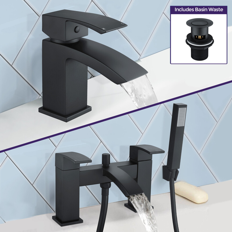 Seirra Shower Handset Mixer, Basin Mixer Tap & Waste Matte Black