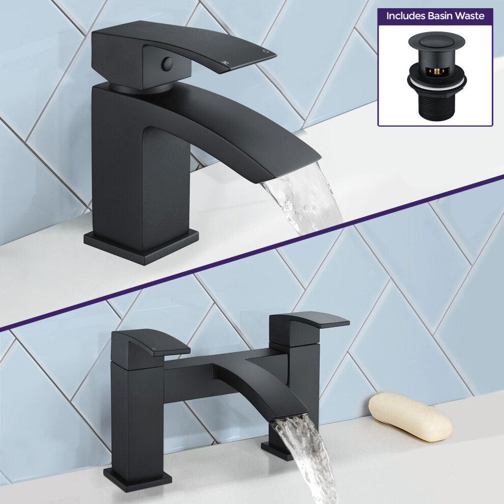 Seirra Waterfall Bath Filler & Basin Mixer Taps & Waste Matte Black