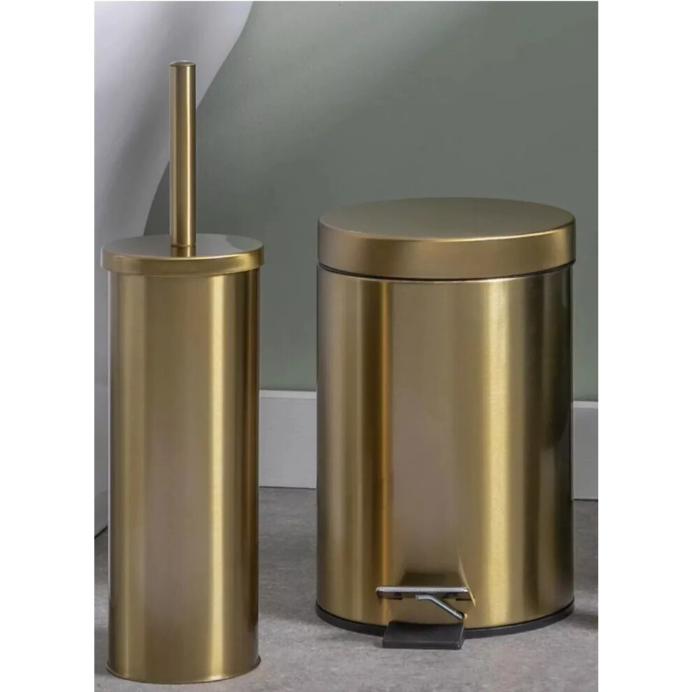 2pc Gold Shade Metal Bathroom Set Toilet Brush Holder 3L Pedal Bin