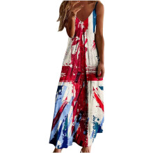 (S) Women Trendy Loose Long Dress Tunic Sundresses Union Jack Women Fashion Sling Mid-Waist V-Neck Sleeveless Stripe Printing Slim Beach Long Dress