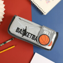 (Grey) Portable Canvas Pen Bag Cartoon Basketball Pen Storage Bag Large Capacity Stationery Makeup Brush Holder Student