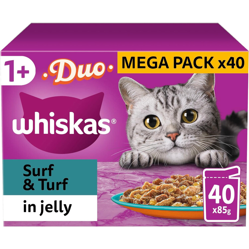 Whiskas Tasty Duo 1+ Surf And Turf In Jelly 40 X 85 G Pouches, Adult Cat Food