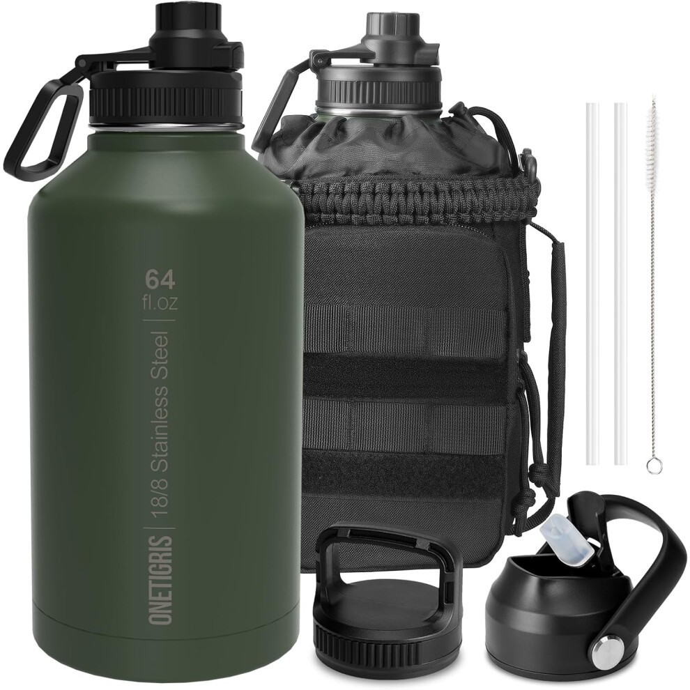 (2L/64OZ, Od Green) Water Bottle, 2 Liter Stainless Steel Insulated Water Bottle with Straw, Outdoor Sports and Fitness Bottle with 3 Lids, 64 oz, Oval Green