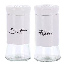 (White) Salt and Pepper Shaker Pots Set Glass Dispenser Storage Cruet Jar Metal Cover x2