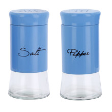 (Blue) Salt and Pepper Shaker Pots Set Glass Dispenser Storage Cruet Jar Metal Cover x2
