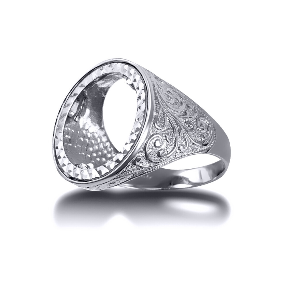 (U) Jewelco London Men's Solid 925 Silver Floral Engraved Half Sovereign Mount Ring