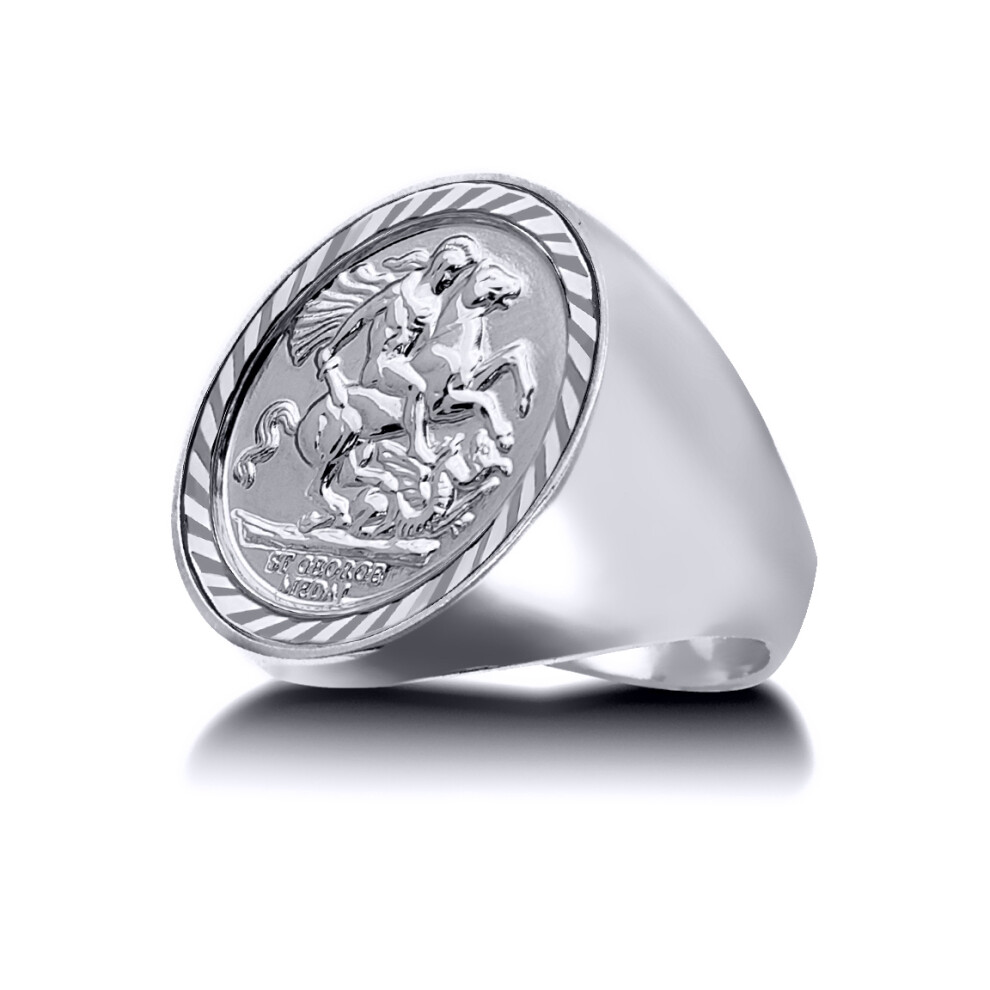 (X) Jewelco London Men's Solid 925 Silver Domed Polished St George & Dragon Medallion Ring (Full Sov Size)