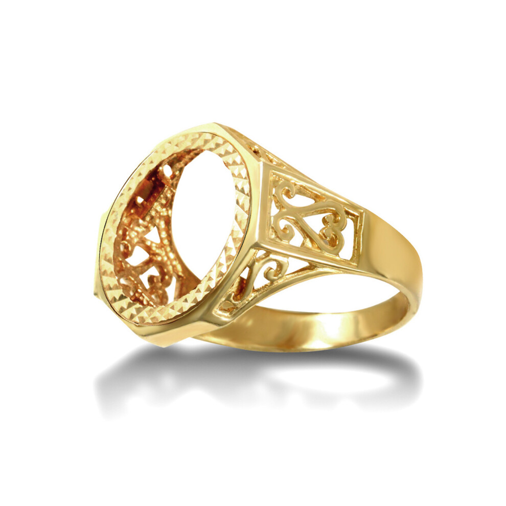 (O) Jewelco London Men's Solid 9ct Yellow Gold Octagon Scroll 10th Ounce Krugerrand Brittania Coin Mount Ring - JRN179-T