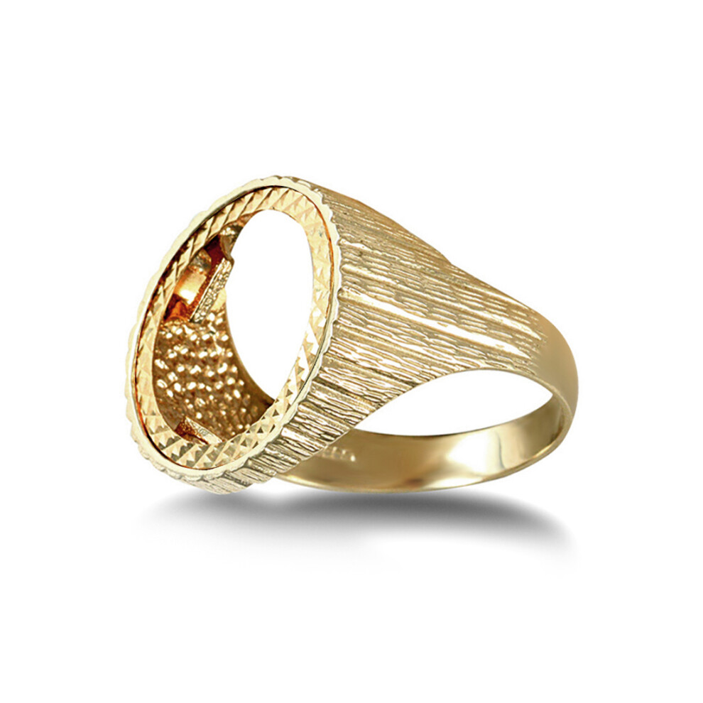 (U) Jewelco London Men's Solid 9ct Yellow Gold Ribbed Barked 10th Ounce Krugerrand Brittania Coin Mount Ring - JRN183-T