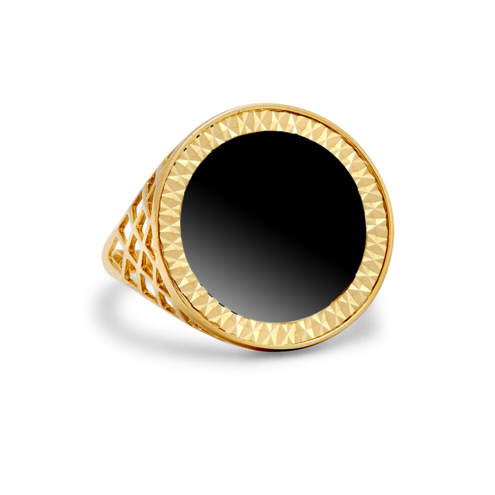 (O) Jewelco London Men's 9ct Gold Basket Design Ring with 16.5mm Black Onyx Disc Insert (Tenth-Krugerrand-Size) - JRN164-ONYX