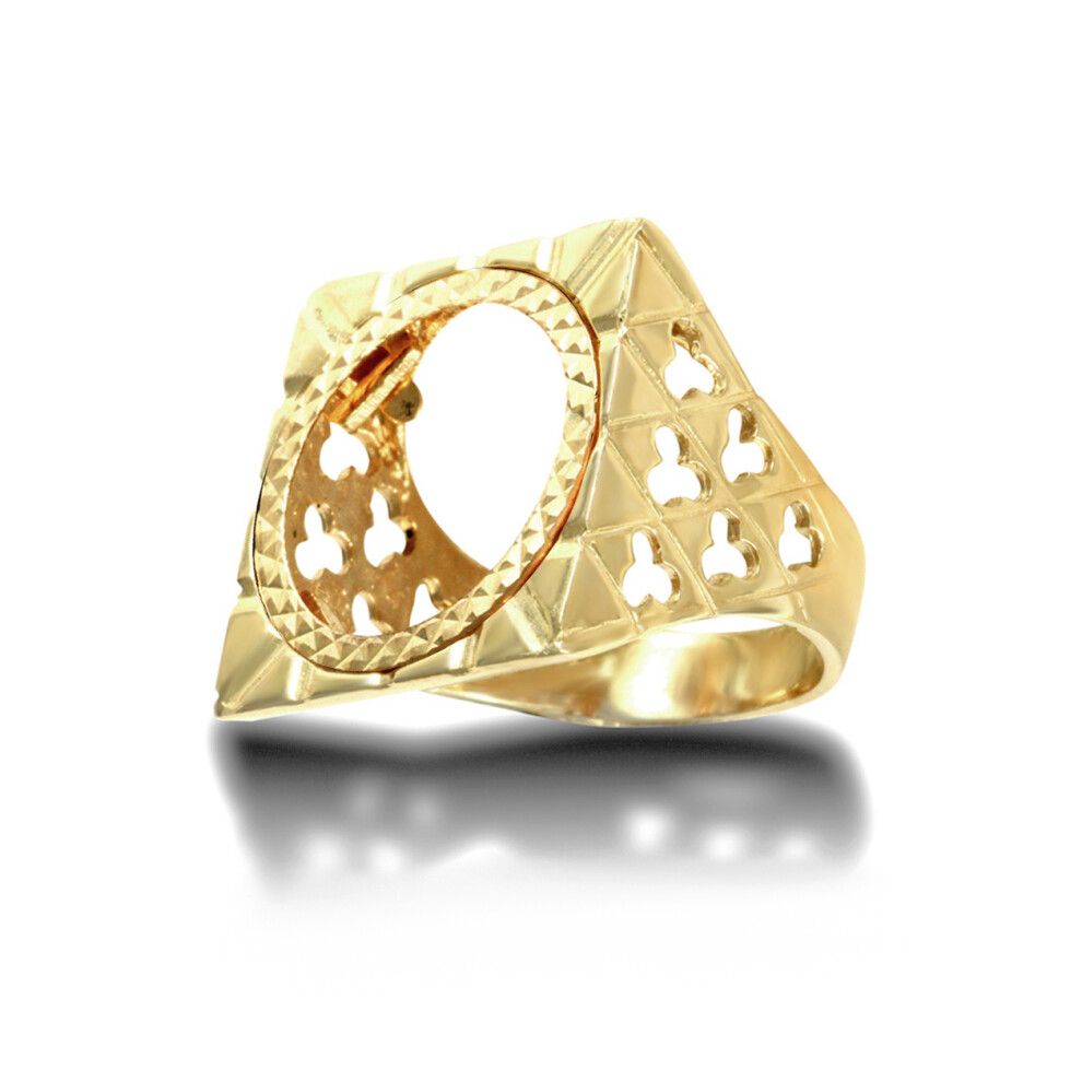(P) Jewelco London Men's Solid 9ct Yellow Gold Clubs Clovers Square Top Half Sovereign Mount Ring - JRN178-H