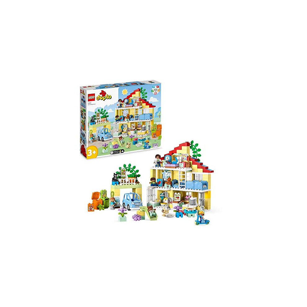 LEGO 10994 DUPLO Town 3in1 Family House, Brick-Built Dolls House With Push&Go Car, 5 Figures, 2 Animals And Light-Up Toy Lamp