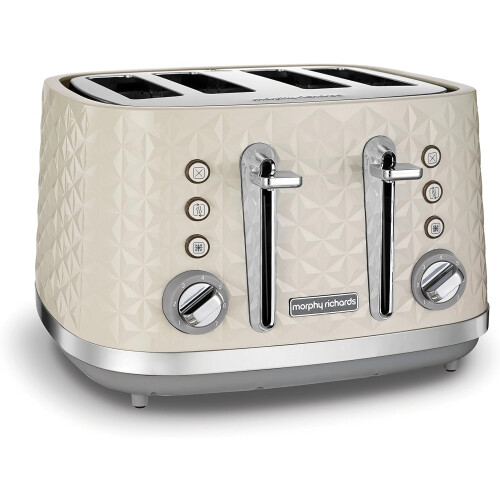 (Cream) 4-Slice Toaster, High-Gloss Geometric Design, Defrosting and Warming, Variable Width Slots, Removable Crumb Tray, Cream