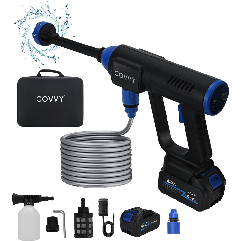 Portable electric pressure washer with 1.5Ah battery, charger, foam generator, 10m hose, hose connector, filter, 6-in-1 nozzle