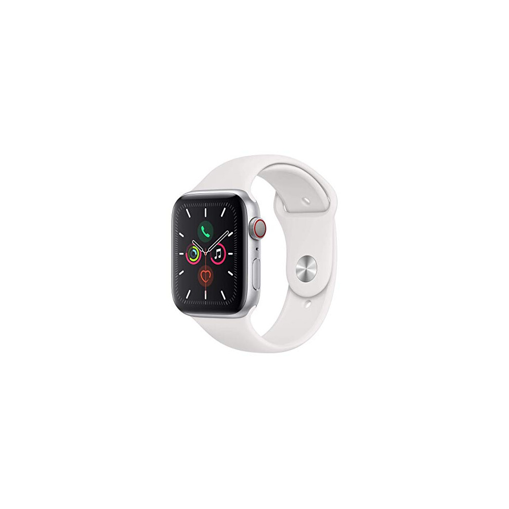 Apple Watch Series 5 (GPS + Cellular, 44mm) - Silver Aluminium Case with White Sport Band (Renewed)