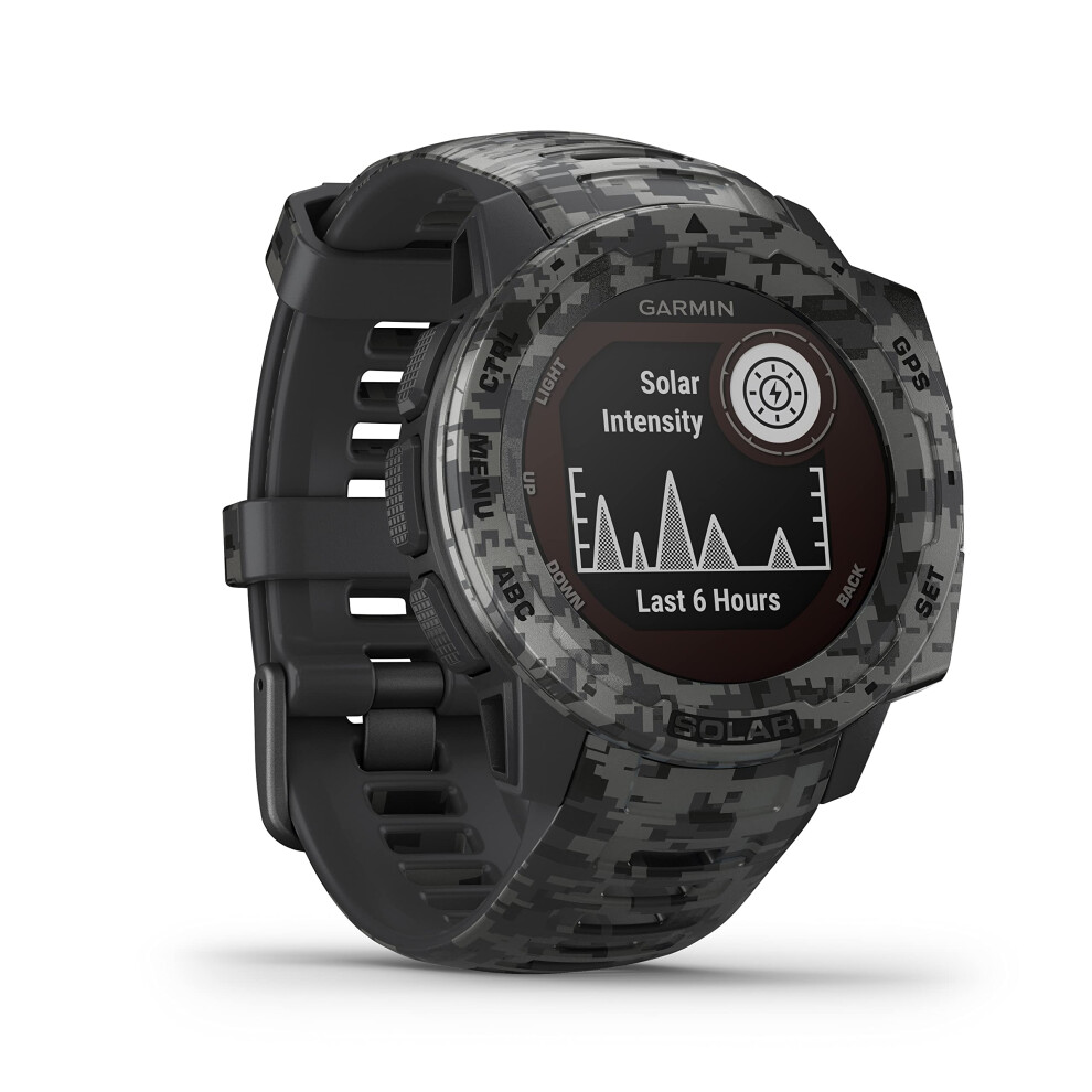 Garmin Instinct SOLAR, Rugged GPS Smartwatch, Built-in Sports Apps and Health Monitoring, Solar Charging and Ultratough Design Features, Graphite Camo