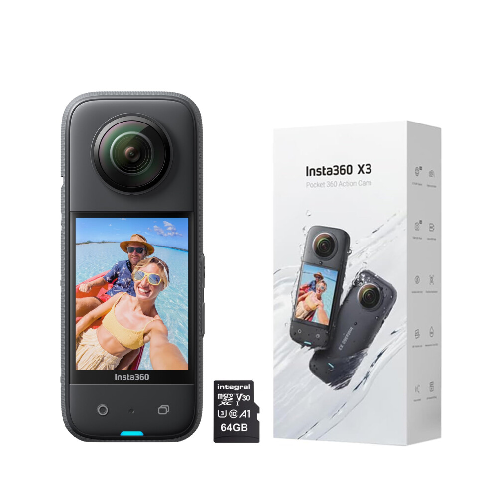 Insta360 X3 Waterproof Action Camera - 5.7K 360, 72MP Photos, Stabilization, Touch Screen, AI Editing, Streaming, Webcam, Voice Control, 64GB Card