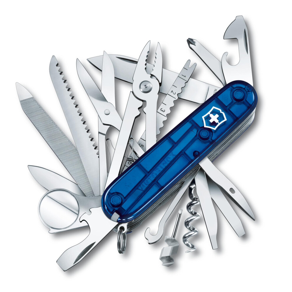 Victorinox Swiss Champ Swiss Army Knife, Medium, Multi Tool, 33 Functions, Blade, Scissors, Blue Transparent