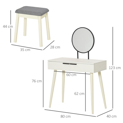 Homcom HOMCOM Dressing Table Vanity Set with Round Mirror & Stool, White - 2 Drawers, Cushioned Stool (831-356) 1