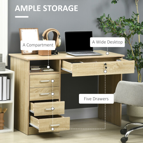 Homcom HOMCOM Computer Desk Writing Desk with Five Drawers for Home Office Oak 2