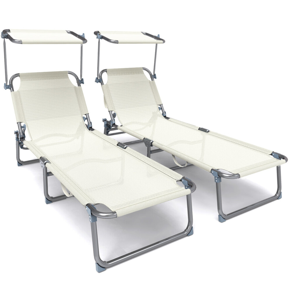 VOUNOT Textilene Folding Sun Loungers Set of 2 with Backrest & Sunshade, Beige