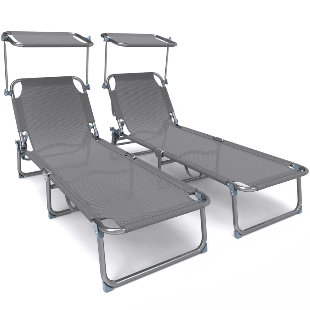 VOUNOT Textilene Folding Sun Loungers Set of 2 with Backrest & Sunshade, Grey