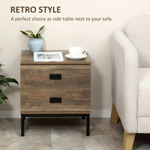 Homcom HOMCOM Retro Bedside Table Metal Frame Bedroom Side Table w/ 2 Drawers Coffee 2