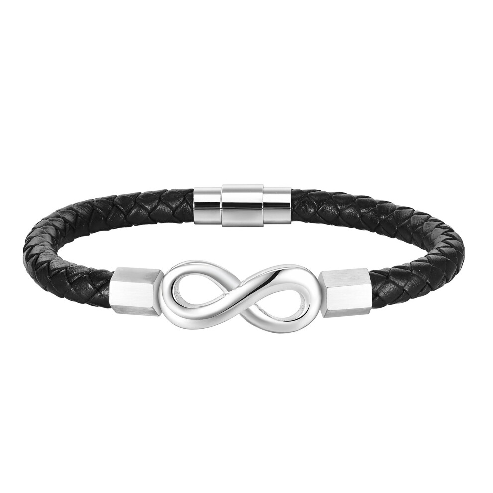 (BL-709S Silver, 23cm) Vnox Love Infinity Charm Bracelets for Women Men, Promise Gift to Her/Him, Black Braided PU Leather Bangle, Valentine's Day Gift