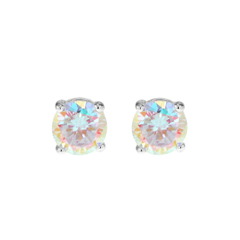 Jewelco London Women's Sterling Silver Aurora Borealis Round Brilliant Cubic Zirconia Rainbow Solitaire Stud Earrings, 8mm - 8-58-2619