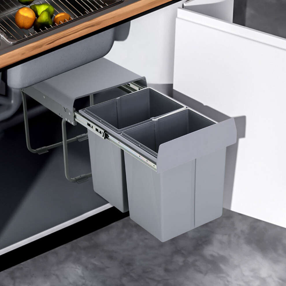 Grey 2 x 20L Rectangular Integrated Kitchen Pull Out Bin Waste and Recycling Bin for Cabinet Under Counter Storage