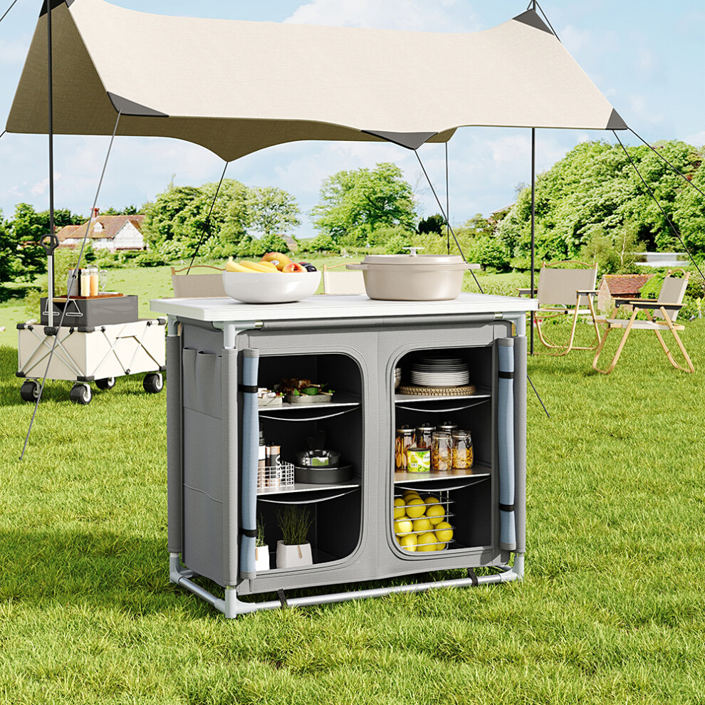 Dark Grey Folding Portable Outdoor Camping Kitchen Table Cabinet Storage BBQ Cook Station 100cm W
