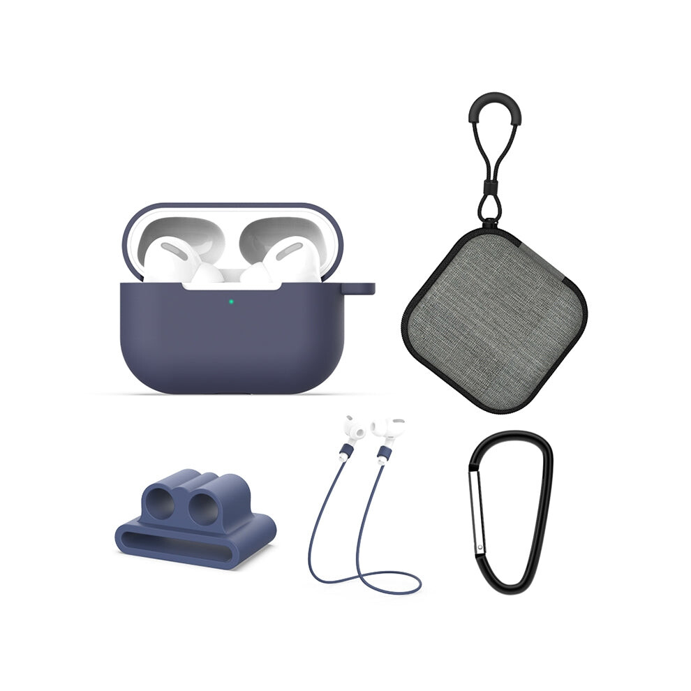 For Airpods Pro 5 In 1 Silicone Earphone Protective Case + Earphone Bag + Earphones Buckle + Hook + Anti-Lost Rope Set(Blue) Blue 8777401575353