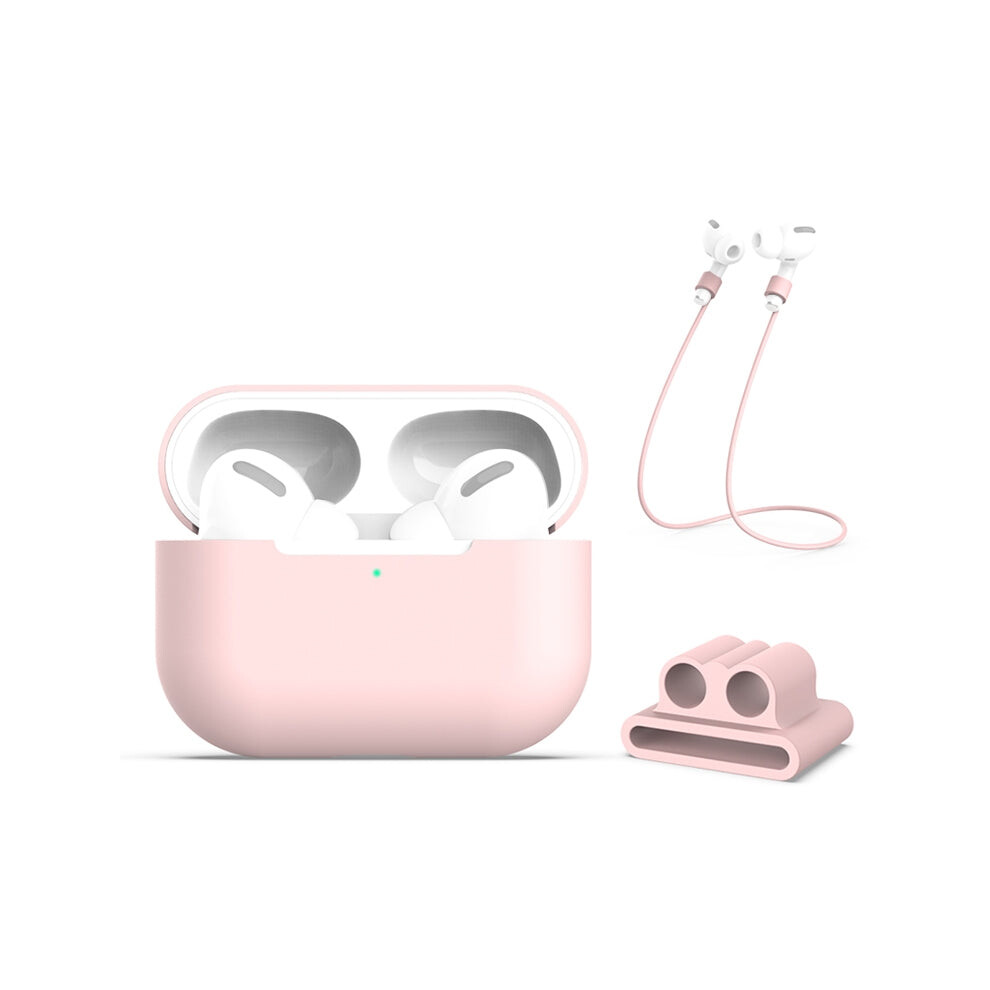 For Airpods Pro 3 In 1 Silicone Earphone Protective Case + Earphones Buckle + Anti-Lost Rope Set(Pink) Pink 7464679820001