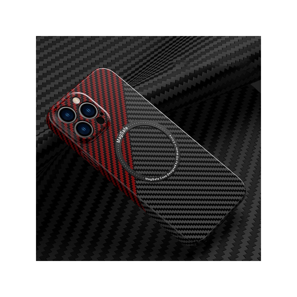 For Iphone 13 Pro Max Carbon Fiber Texture Magsafe Magnetic Phone Case (Black Red) Black,Red 4871696196607