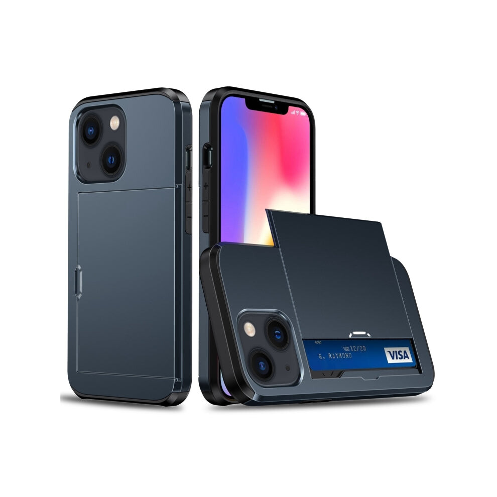 For Iphone 15 Plus Shockproof Armor Phone Case With Slide Card Slot(Dark ) Blue 4950494730579