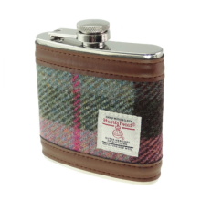 Green & Rose Pink Tartan Check Harris Tweed 6oz Stainless Steel Pocket Hip Flask