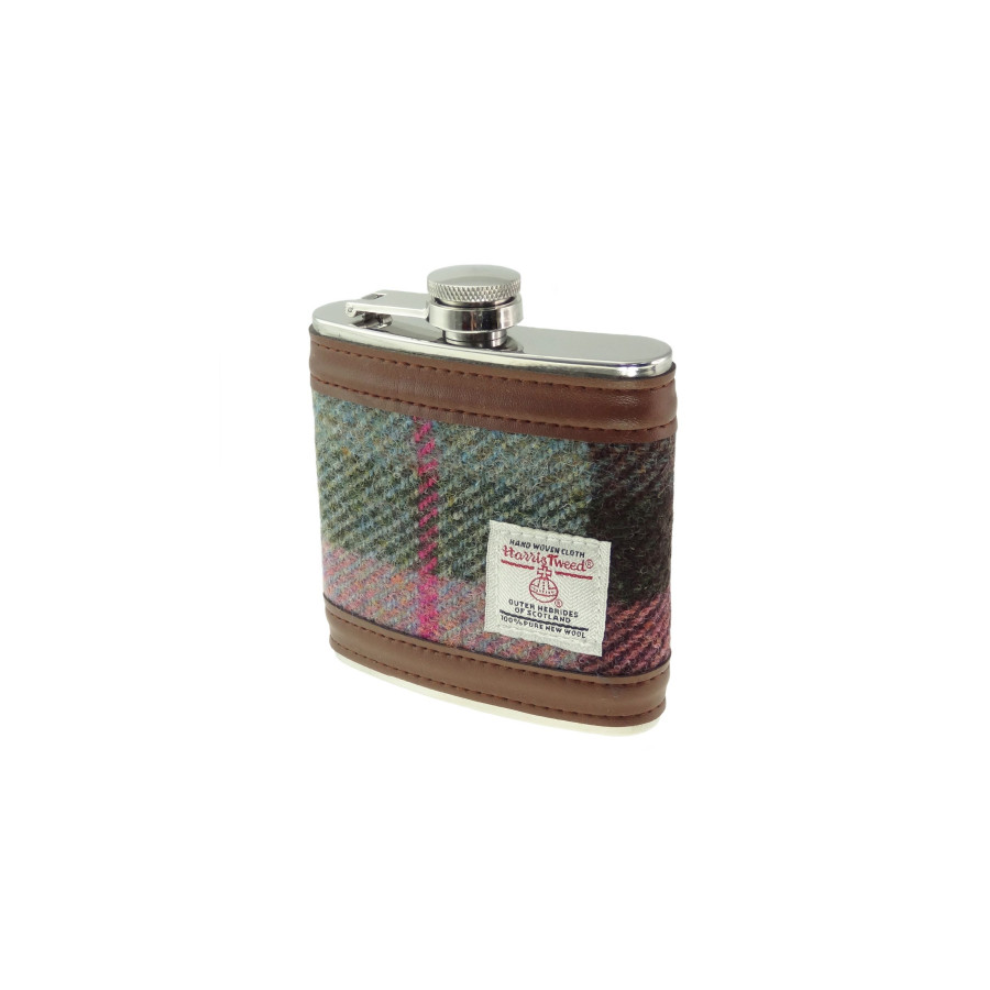Kilts Wi Hae & Rose Tartan Check Harris Tweed 6Oz Stainless Steel Pocket Hip Flask Green/Pink