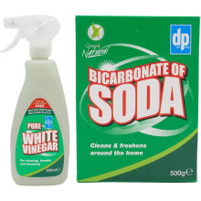 Bicarbonate of Soda for Cleaning 500g and White Vinegar Spray 500ml Bundled With Glameno Cleaning Tips