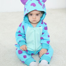 (Blue, 3-6M) Adorable Unisex Baby Monster Hooded Bodysuit - Soft Pure Cotton, Zip Up Long Sleeve Onesie