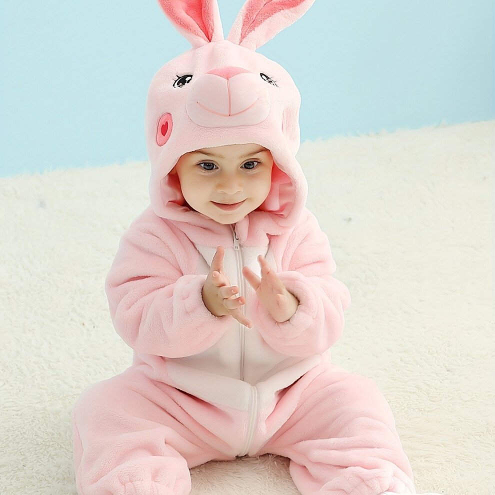 (Pink Color, 1-2Y) Cute Rabbit Shape Hooded Jumpsuit With Ears, Toddler Baby's Fleece Zip Up Warm Onesie