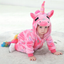 (Pink Color, 6-9M) Cute Unicorn Shape Toddler Baby's Hooded Casual Party Bodysuit, Fleece Zip Up Warm Jumpsuit