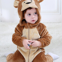 (Light Brown-1, 1-3M) Little Monkey Shape Cute Hooded Party Casual Jumpsuit, Toddler Baby's Zip Up Fleece Romper