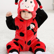 (Red, 9-12M) Cute Ladybug Shape Hooded Party Casual Jumpsuit, Toddler Baby's Zip Up Fleece Romper