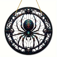 (A) Spiders and Skeletons Suncatcher (9''x9''), Stained Window Hanging Ornament