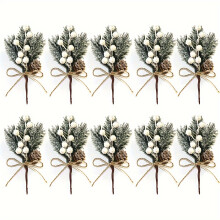 (White) 10pcs Luxurious Artificial Christmas Floral Picks Set - White Berry, Pine & Holly Branches