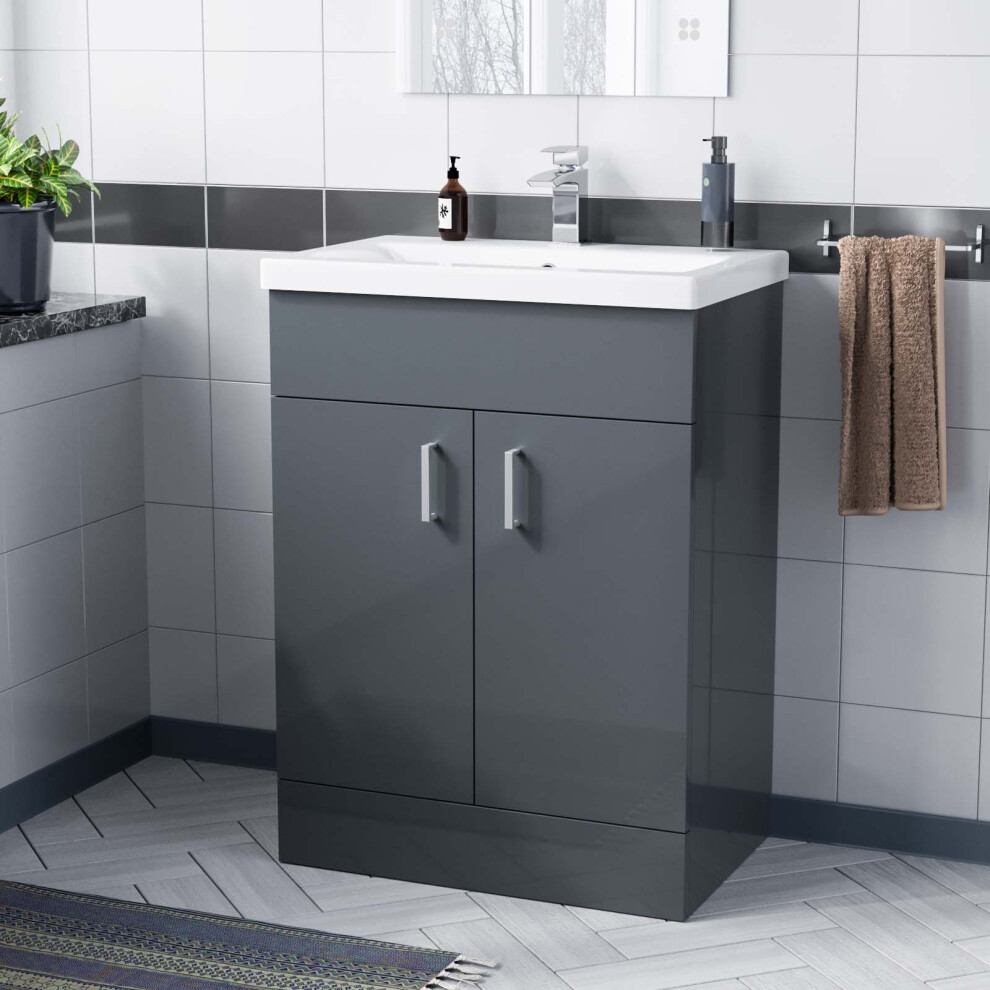 Nes Home Bathroom 600mm Grey Basin Sink Vanity Cabinet Unit Floor Standing