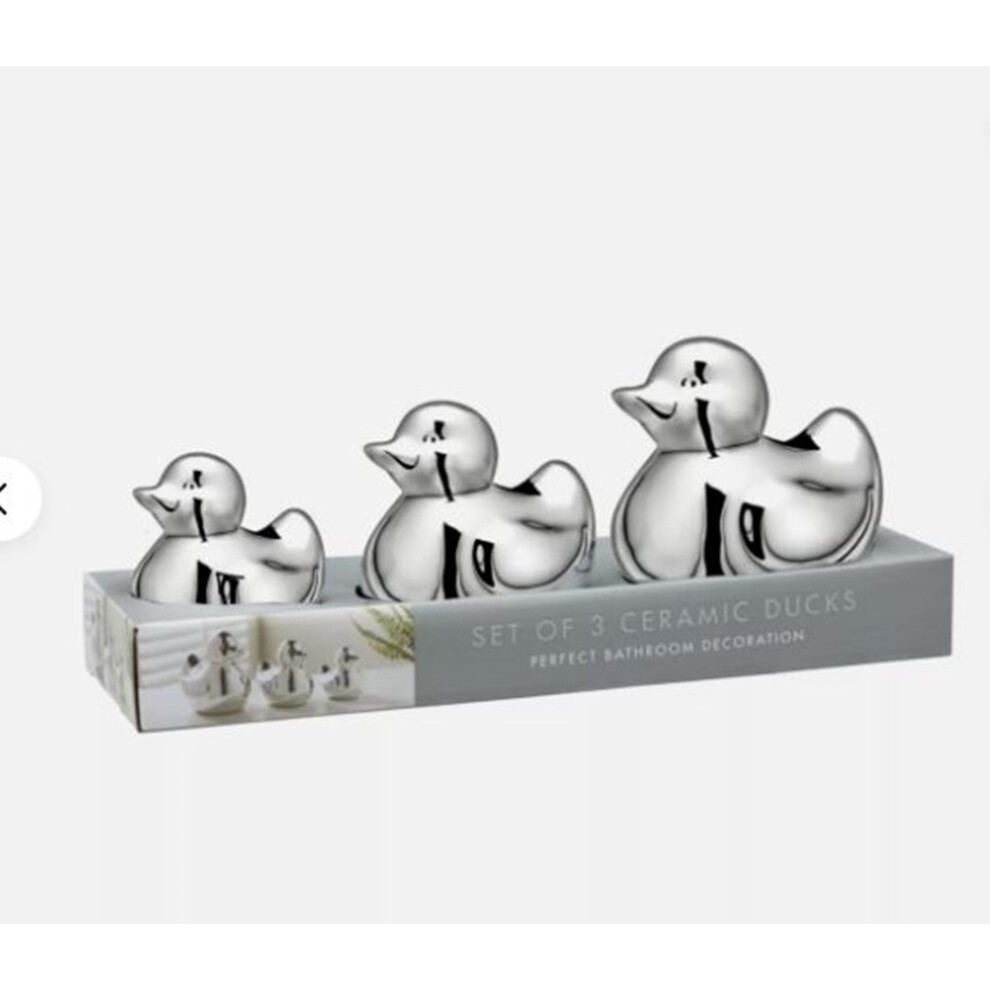 Brand new Set of 3 Silver Ceramic Bathroom Decor Ducks Chrome Silver