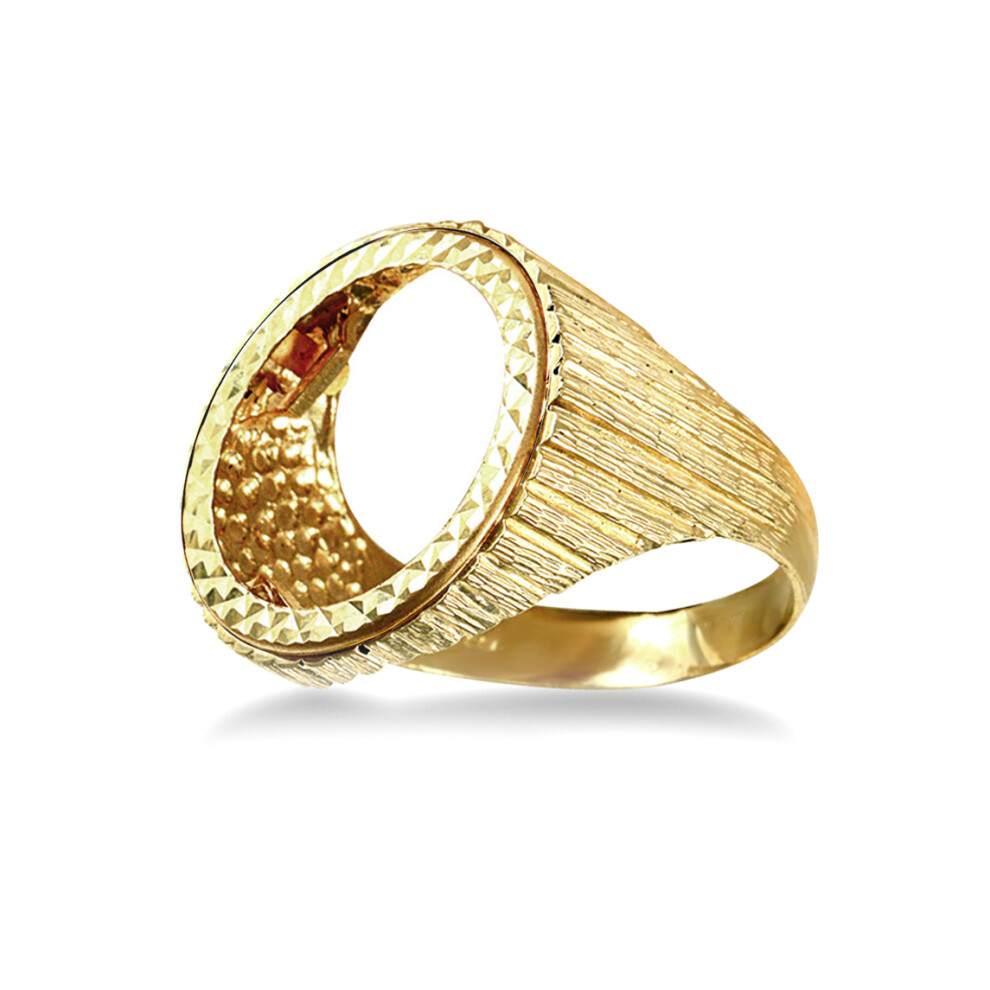 (L) Jewelco London Men's Solid 9ct Yellow Gold Ribbed Barked Half Sovereign Mount Ring - JRN183-H