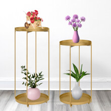 (Gold) 2 Tier Metal Plant Stand Pack 2 Removable Tray Top